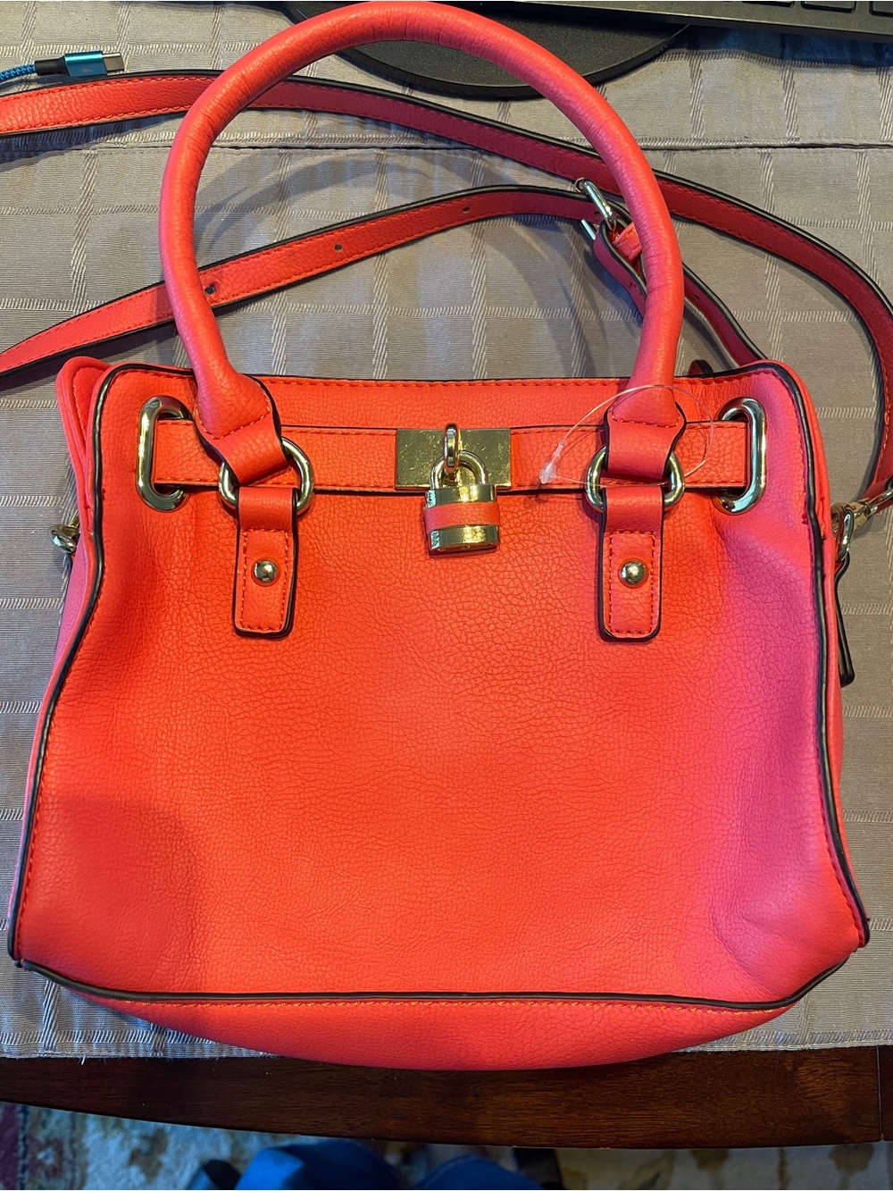 Women’s Structured Top-Handle Bag in Coral Red with Gold Hardware